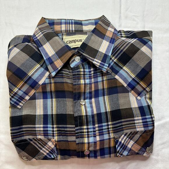 VTG Campus Rugged Country Shirt Men 15‎ M 15.5 Pearl Snap Blue Plaid Western - Picture 1 of 7